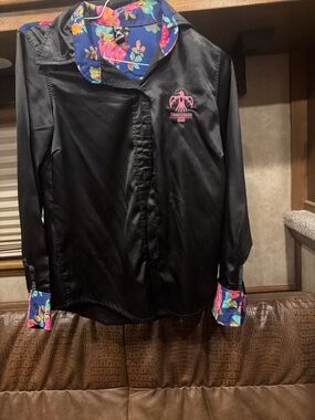 Black Satin Button-Up Shirt with Floral Trim